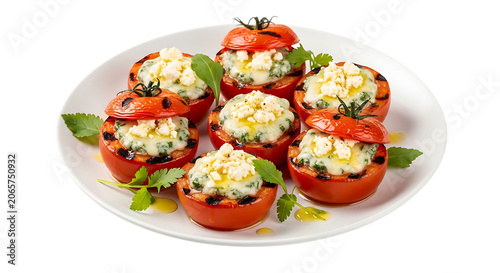 Stuffed tomatoes with feta cheese and herbs presented on a white plate on transparent background parsley food dish