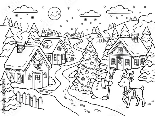Winter village scene with snowman reindeer.