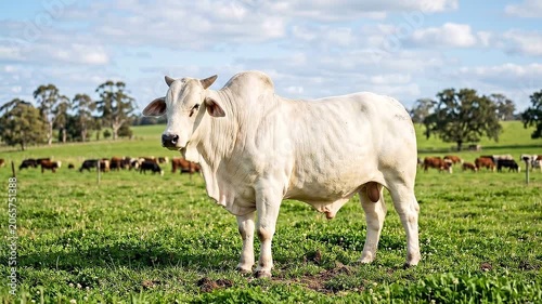 Tracking shot of white bull standing and shifting weight in green pasture with distant herd and scattered trees under blue cloudy sky during daytime