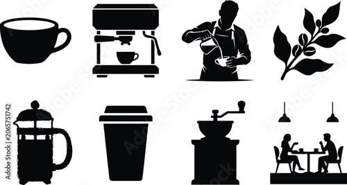 Canvastavla Coffee shop silhouette icons set featuring barista espresso machine french press