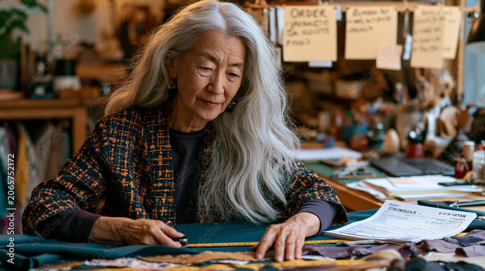 Fototapeta premium Older woman in a home workshop measuring fabric at a table covered in craft supplies, handwritten order slips pinned above the workstation, a small business tax form partially completed nearby, the 