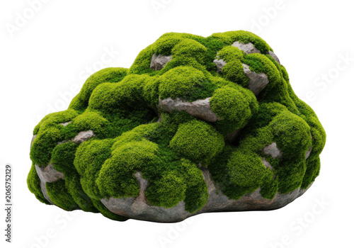 Stone boulder covered with fresh green moss isolated on transparent background for garden landscape design elements 3d render high quality cutout asset.