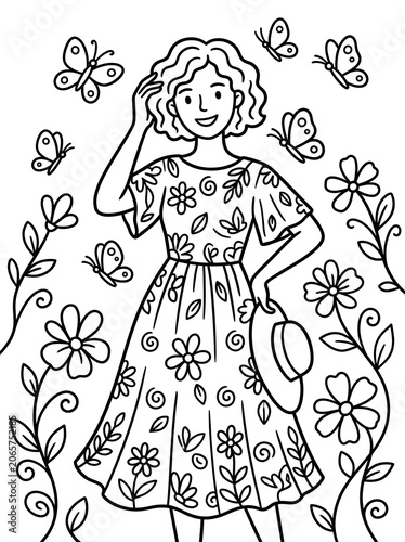 Woman Surrounded by Butterflies and Flowers.