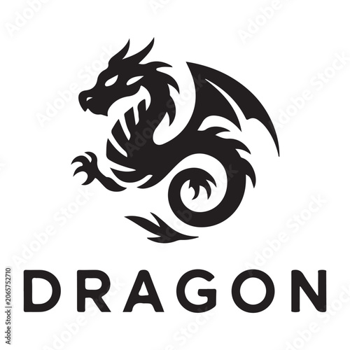 Minimalist dragon logo design featuring a bold black mythical creature silhouette and modern typography on white background