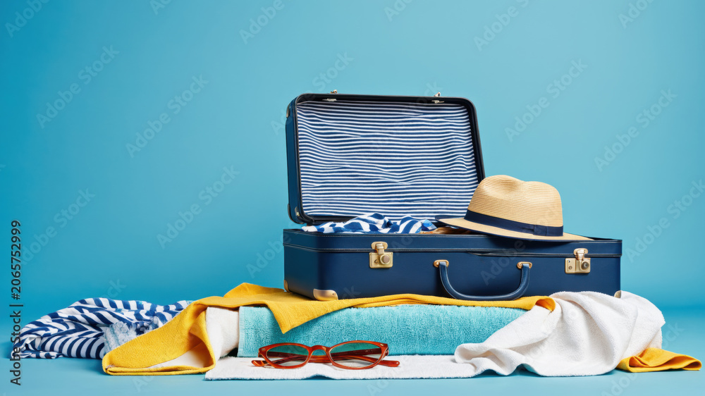 Obraz premium Open blue suitcase packed for summer vacation with beach accessories on blue background