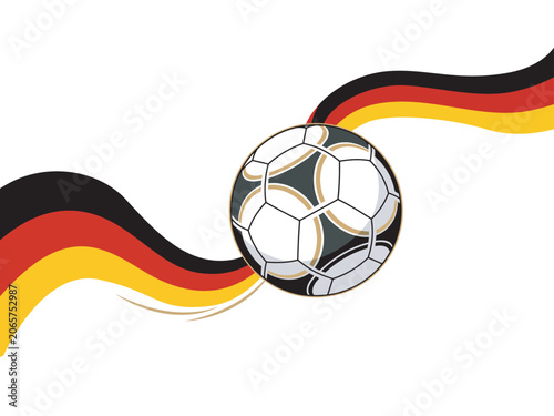 German flag inspired soccer ball illustration with tricolor wave ribbon for sports event.
