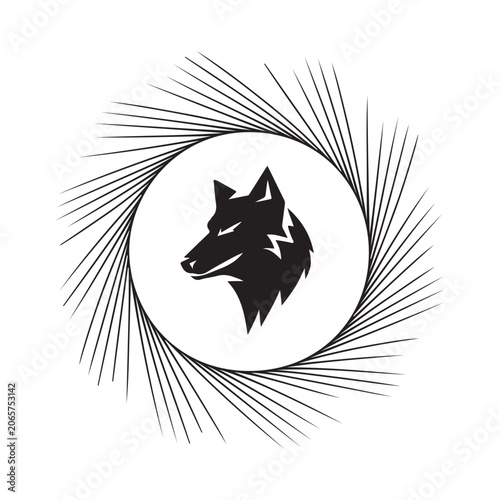 Minimalist wolf head logo design featuring a creative radial line frame in black and white vector style