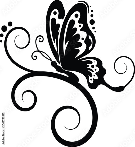 Black butterfly silhouette with swirling lines and dots on white background