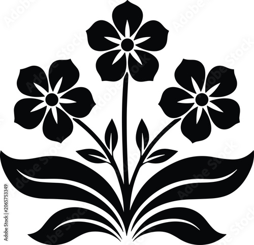 Black silhouette of three flowers with leaves on isolated white background for design and decoration purposes