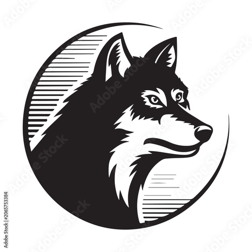 Minimalist wolf head logo design featuring a creative radial line frame in black and white vector style