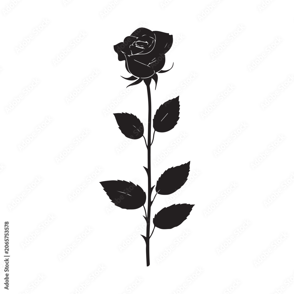 Fototapeta premium Set of decorative rose with leaves. Flower silhouette Vector illustration.
