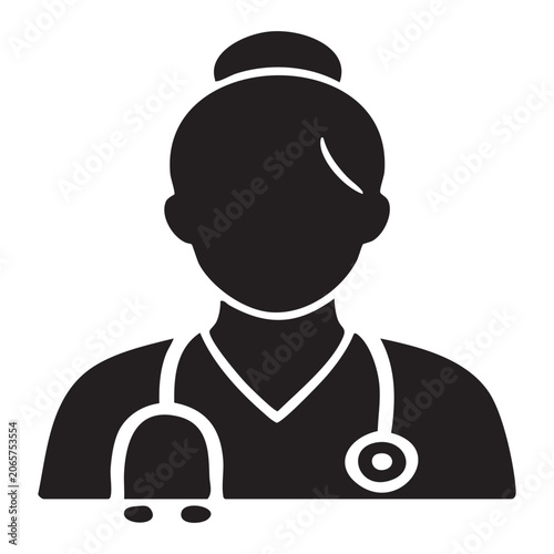 Black silhouette of female doctor with stethoscope isolated on white background, Vector, illustration