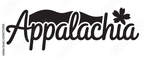Appalachia calligraphy typography design featuring a sleek mountain silhouette and floral accent in modern black vector style