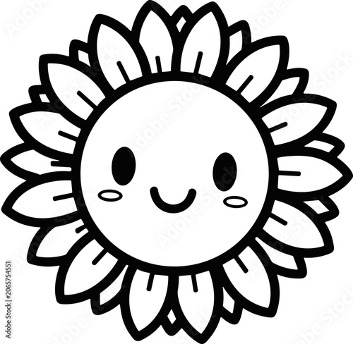 Foto Cute happy sunflower cartoon, black and white line drawing, cheerful face, simple vector illustration