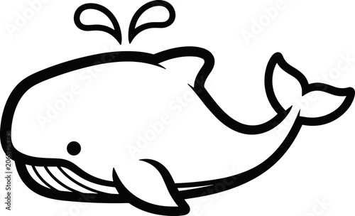 Fotografia Cute cartoon whale spouting water, simple line art illustration, black and white