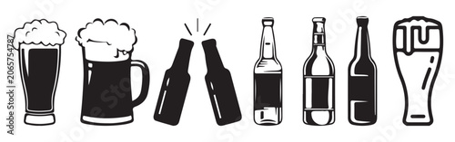 Beer glasses and bottles set featuring minimalist black silhouettes for brewery branding and pub menu graphic designs