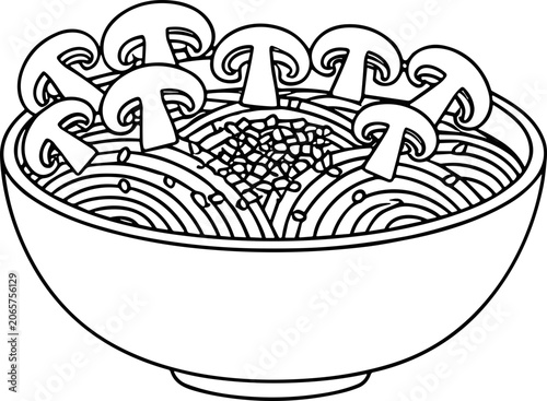 Simple Line Art Bowl of Noodles with Sliced Mushrooms and Sesame Seeds