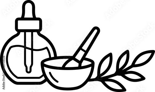 Herbal oil dropper bottle with mortar and pestle, natural cosmetic ingredients, botanical illustration