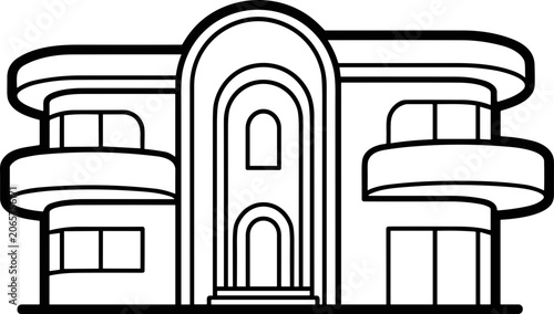 Modern Art Deco Building Facade Outline, Stylized Architecture Line Art