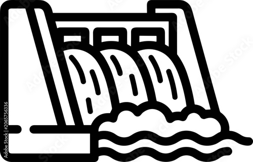 Hydroelectric Dam Icon: Water Flowing Over Spillway, Clean Energy Concept