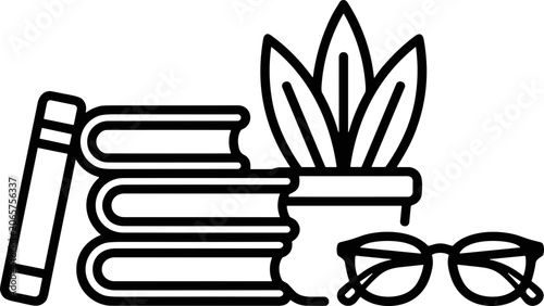 Books, Plant, and Glasses Icon: Study, Reading, and Knowledge Concept