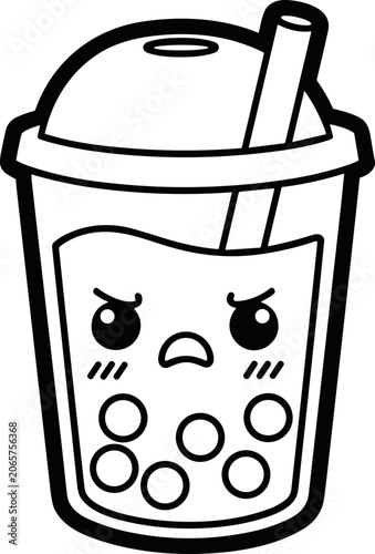 Kawaii Angry Boba Bubble Tea Cup with Straw - Black and White Outline