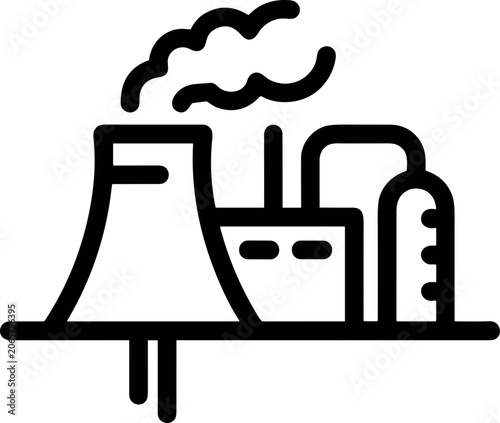 Industrial factory icon with smoke from cooling tower, clean lines, vector illustration