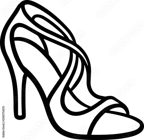 Elegant high heel sandal outline, fashion footwear design, black and white illustration
