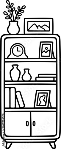 Doodle Bookshelf with Decor: Clock, Vases, Books, Pictures, Plant
