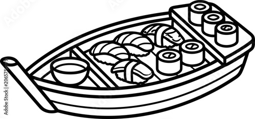 Sushi Boat Illustration - Black and White Line Art