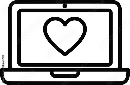 Laptop screen displaying a simple heart icon, digital love, online romance, technology symbol
