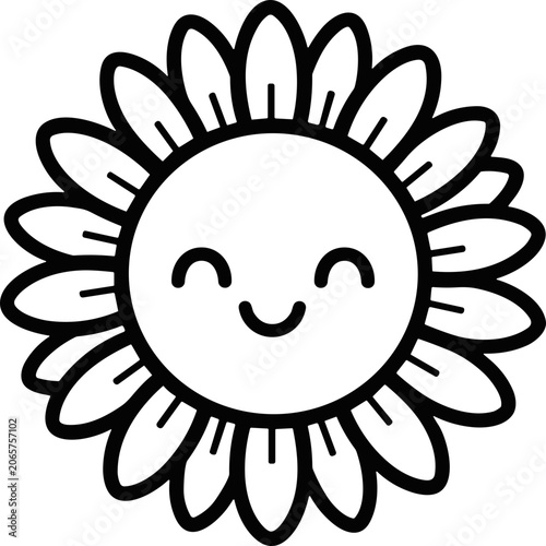 Cute smiling sunflower cartoon icon, black and white outline drawing