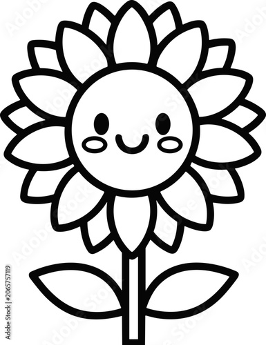 Cute Kawaii Sunflower Outline Drawing - Black and White