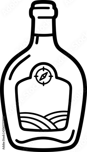 Bottle with Compass and Landscape Icon - Vector Outline Illustration