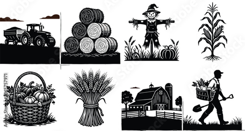 Bild auf Leinwand Autumn harvest silhouettes and vector illustrations set featuring farm tractor, round hay bales, scarecrow, corn stalk, pumpkin basket, wheat sheaf, barn landscape, and farmer walking with shovel