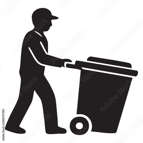 Man pushing a trash can isolated on white background, Vector, illustration