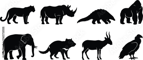 Canvas Print African Wildlife Animal Silhouette Collection with Mammals and Bird Vector Set