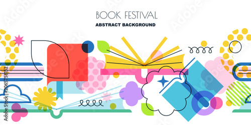 Book festival banner poster. Vector seamless horizontal background with open books, leaves, colorful geometric shapes