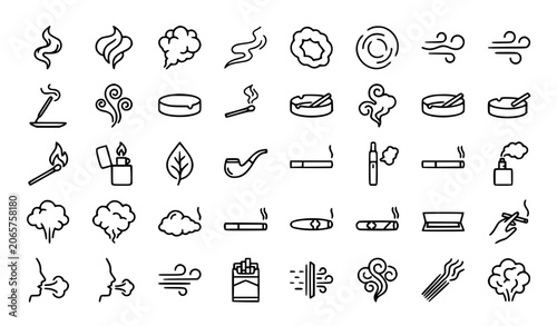 Smoking, vape, tobacco, smoke and incense line icons set