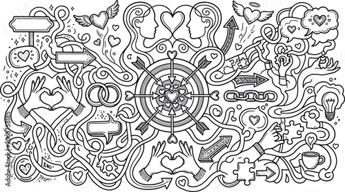 Canvastavla Love and relationship concept hand-drawn doodle illustration with hearts and con