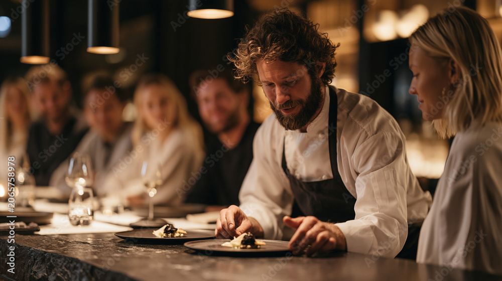 Fototapeta premium Sommelier guiding a small group of diners through a twelve-course tasting menu, each tiny plate placed with theatrical precision on a dark stone table, soft theatrical lighting