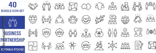 Business Partnership Vector Outline Icons Set – Teamwork, Collaboration, Networking and Strategic Alliance Line Symbols Collection