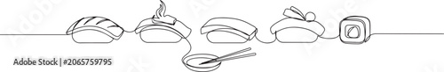 Sushi set, salmon nigiri, Aburi nigiri, tuna nigiri, Avocado one line art. Continuous line drawing of sushi, japanese, food, roll, japan, asian, sea. one line Icon drawing