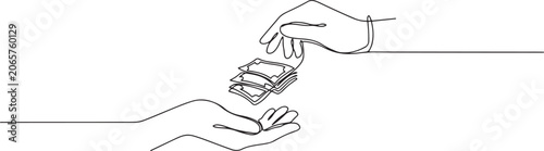 Bribe, money in hands, give and receive money one line art. Continuous line drawing of bank, financial, payment, data, economic. one line Icon drawing