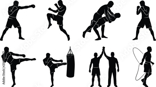 Foto Set of martial arts and boxing athlete silhouettes featuring fighters punching k