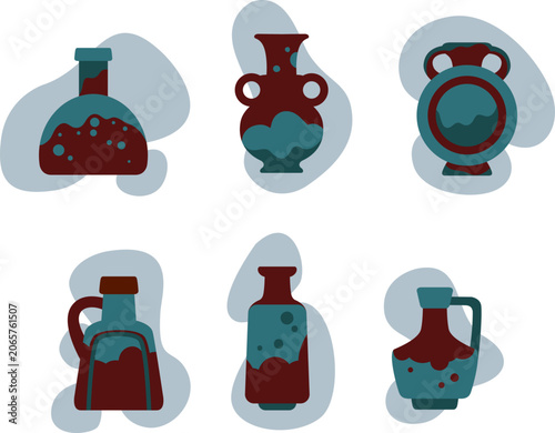 Schilderij op canvas Six simple stylized brown and blue vector jugs of different shapes