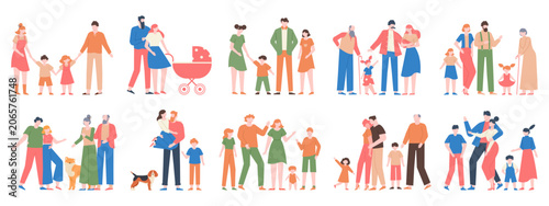 Fotografija Colorful diverse families and couples enjoying outdoor activities together in va