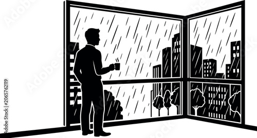 Obraz na płótnie Silhouette of a man holding a cup looking out a window during a rainstorm black