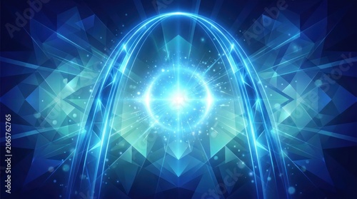 Vibrant blue archway emits light in geometric pattern background