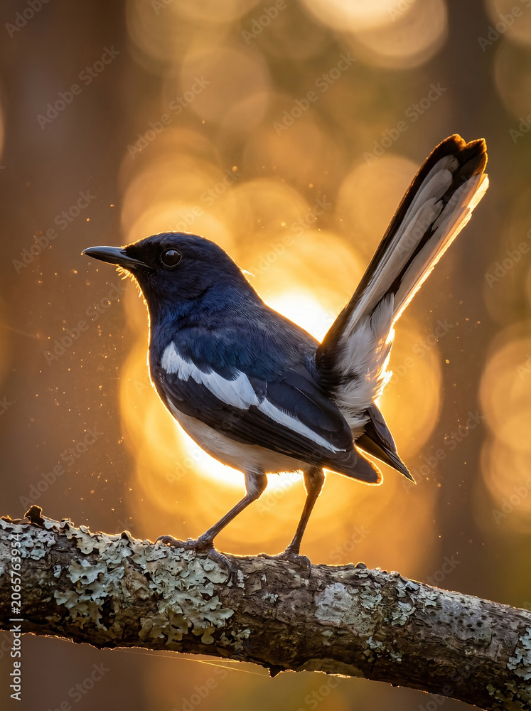 Fototapeta premium Backlit Oriental Magpie-Robin with Warm Bokeh Background
